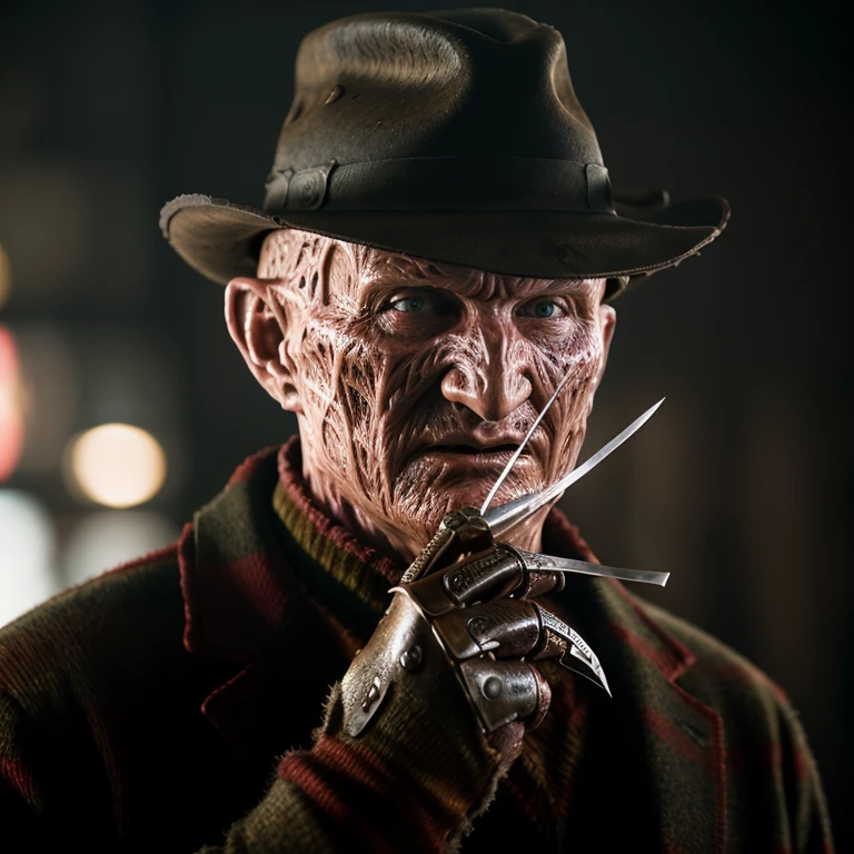 cinematic film still of <lora:freddy krueger 1984 SD1.5:1.2>
Freddy Krueger a man in a hat and coat and glove made of knives from A Nightmare on Elm Street movie, shallow depth of field, vignette, highly detailed, high budget, bokeh, cinemascope, moody, epic, gorgeous, film grain, grainy