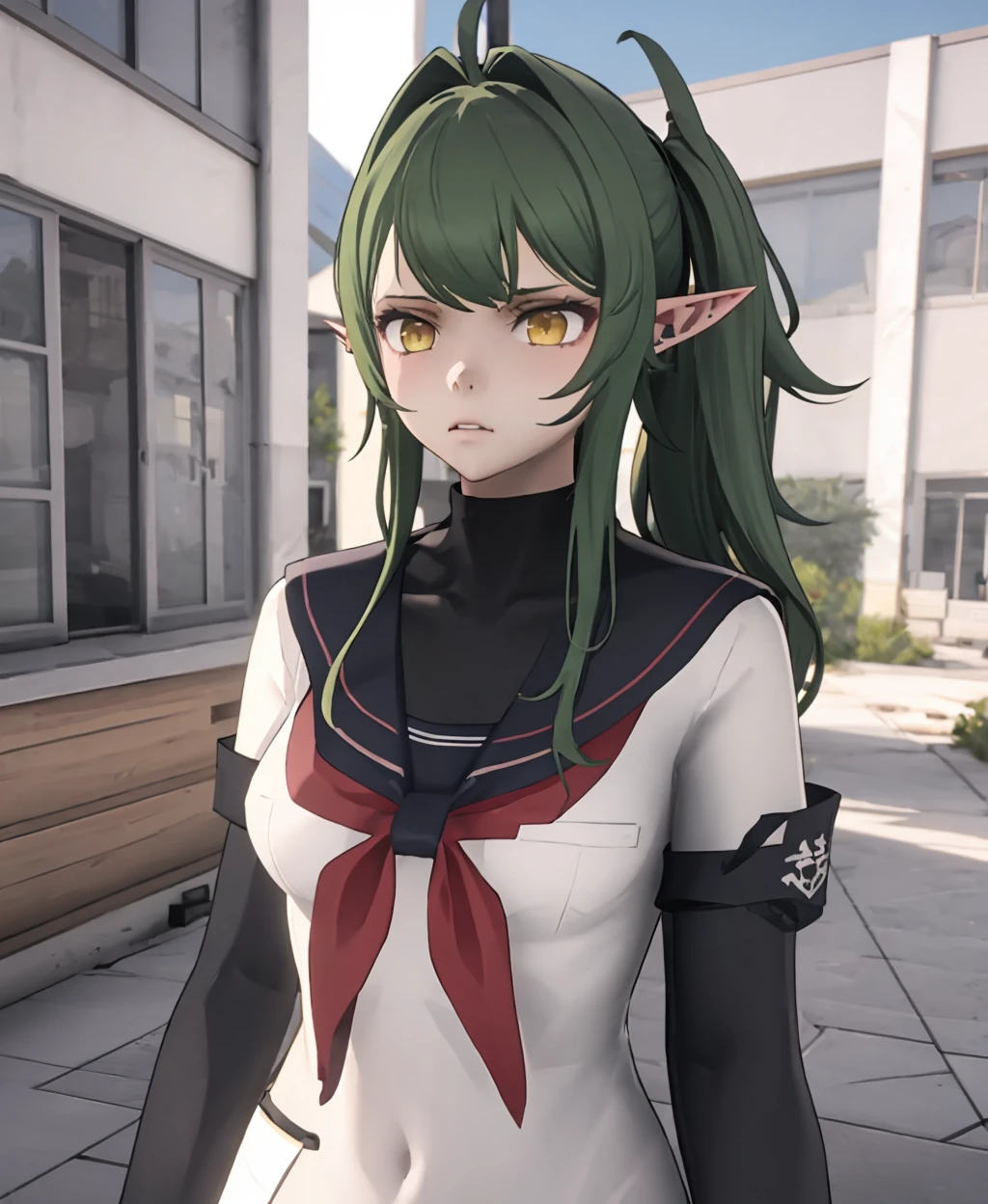 yandere_style, gavial, 3D Rendering, 1girl, long hair, green hair, yellow eyes, pointy ears, long sleeves, upper body, building, solo, <lora:yandere_style-10:1>,  <lora:Gavial-04:1>