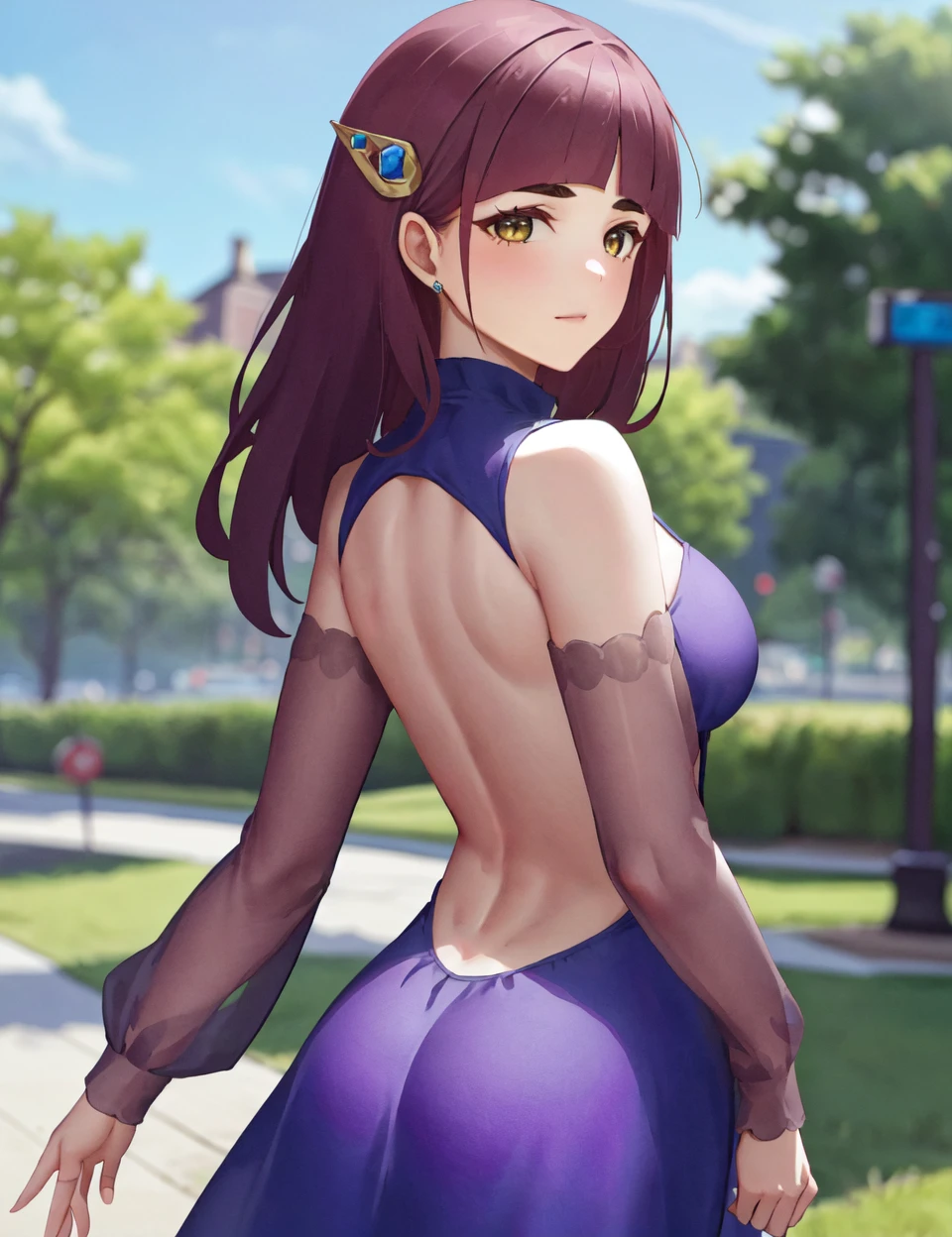 (masterpiece, best quality, hi res:1.2), 1girl, (solo:1.2), pklacey, <lora:Lacey Pokemon (pklacey):0.7>, detailed skin, street, park, trees, grass, backlessclothes, backless dress, purple dress, <lora:BacklessClothes:1>