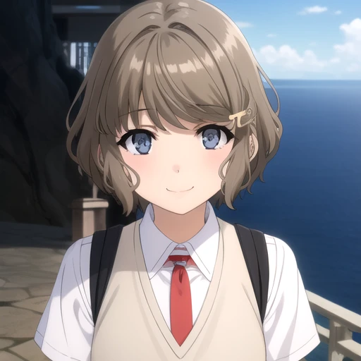 ((masterpiece)),(best quality),official art,extremely detailed CG,unity 8k wallpaper,ultra detailed,A lighthouse on a cliff by the sea,1girl,solo,upper body,(portrait:1.2),grey_skirt,short_hair,sweater_vest,school_uniform,white_socks,white_shirt,brown_hair,pleated_skirt,short_sleeves,hair_ornament,looking_at_viewer,smile,hairclip,blush,bangs,grey_eyes,blue_eyes,red_necktie,<lora:Koga Tomoe(sby)>,