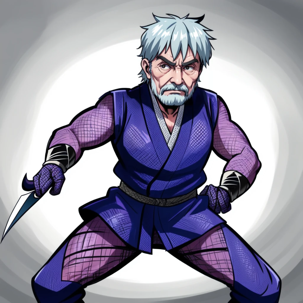 <lora:chainmail_v1:0.5>, chainmail, (old man:1.5), (fishnets:1.5), long sleeves, black kimono, fishnet bodysuit, kunai, ninja gloves