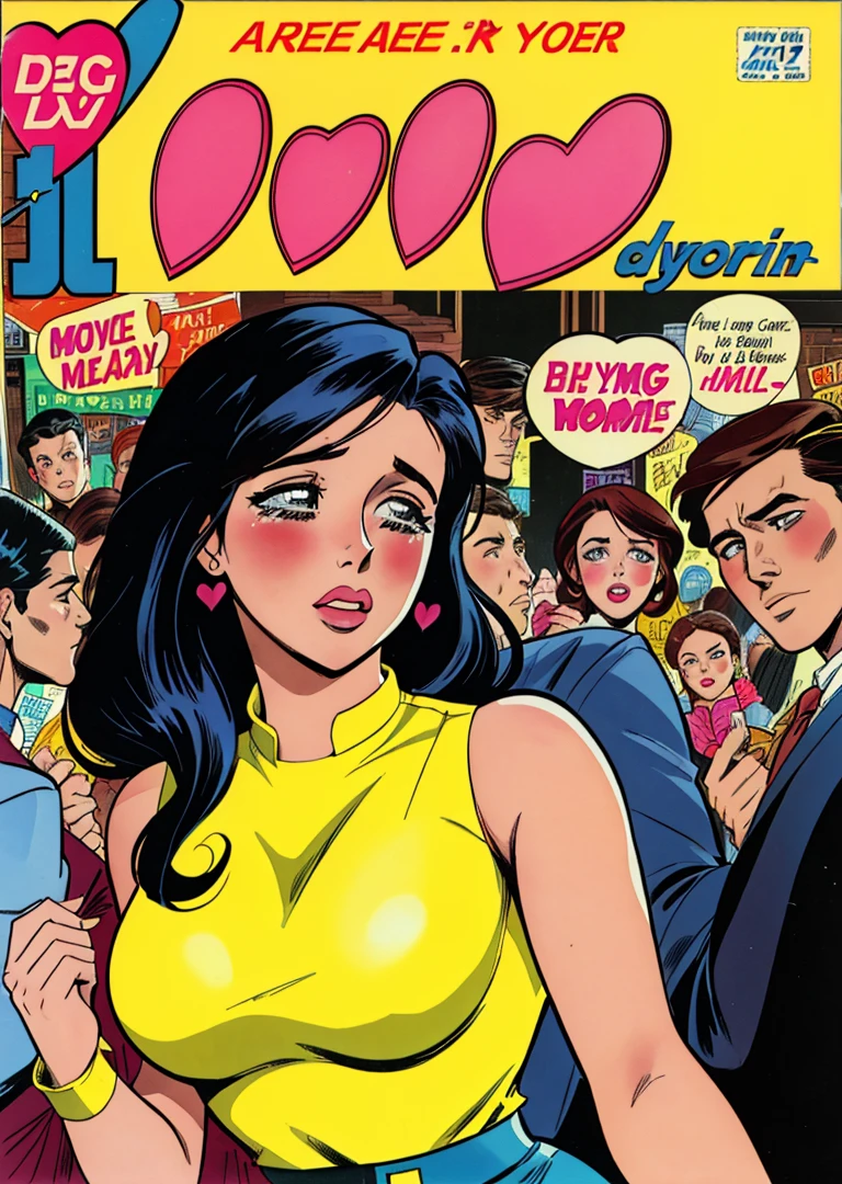 romance_comics_cover, comic book cover of a crying woman at a party, diverse crowd in background, <lora:romance_comics_cover:1>