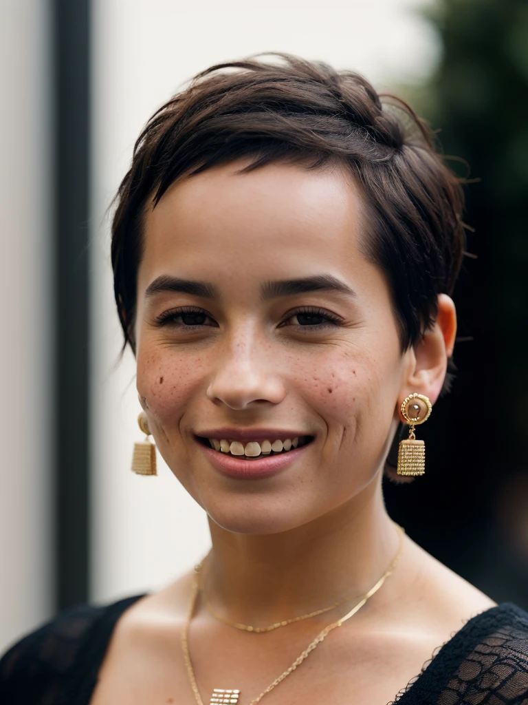 Realistic photo of a beautiful z03k woman,1girl,solo,smile,short hair,open mouth,simple background,black hair,white background,jewelry,upper body,earrings,teeth,necklace,mole,mole under mouth,freckles,realistic,very short hair,mole on cheek,soft lighting, professional Photography, Photorealistic, detailed, RAW, analog, sharp focus, 8k, HD, high quality, masterpiece<lora:z03k:1.0>