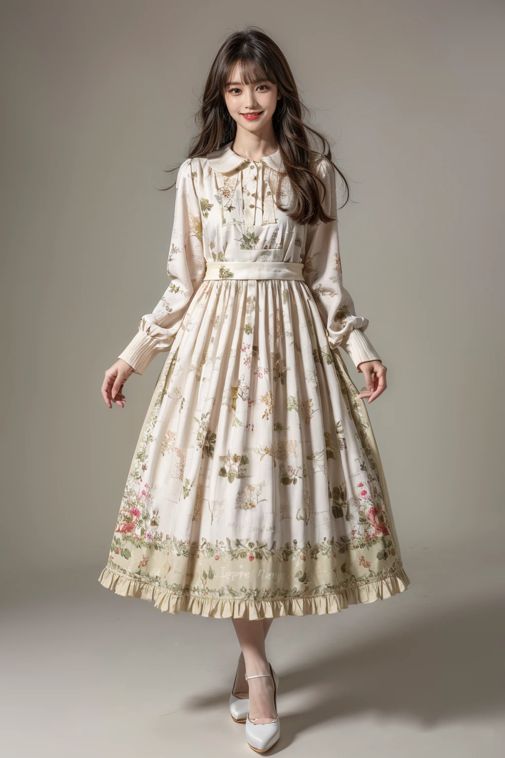 best quality, masterpiece, photorealistic, 1girl, solo, long straight hair, looking at viewer, smile, full body, standing , cyb dress, long sleeves, long dress, floral print, white high heels, simple background, <lora:add_detail:1>, <lora:beautiful_dress_collection_vol1_style2:0.7>
