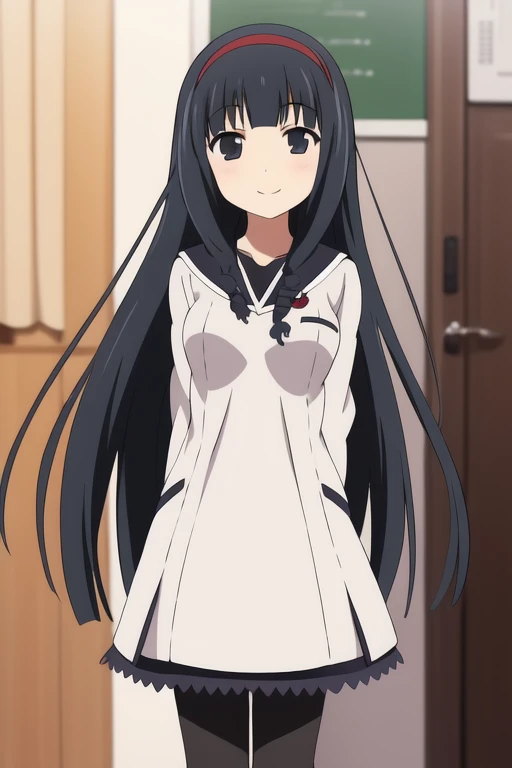 <lora:Itsuki_Pleiades:1>, Itsuki_Pleiades, 1girl, solo, pantyhose, long hair, black hair, hairband, black eyes, school uniform, smile, dress,black pantyhose, arms behind back, akemi homura, shoes
masterpiece, high quality, very_high_resolution, large_filesize, full color,