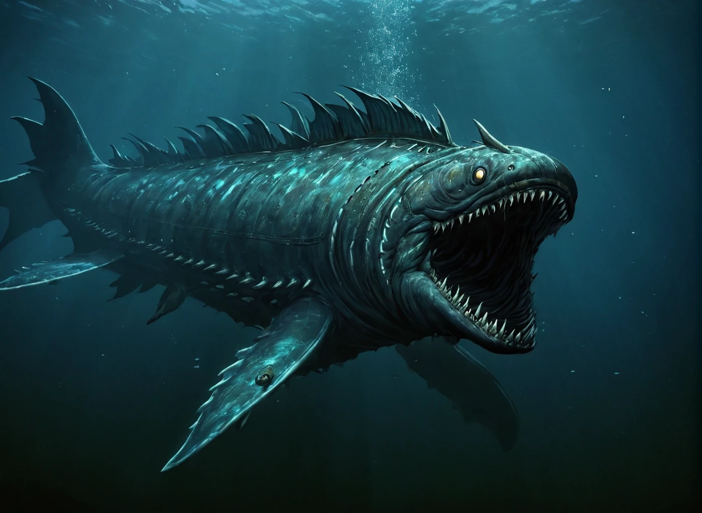 <lora:Leviathan_XL:1> leviathan a sea monster, underwater, under the ocean, depths, (masterpiece), best quality, highres, 4k, 8k, intricate detail, cinematic lighting, amazing quality, amazing shading, soft lighting, gloomy colors, dark aura, horror