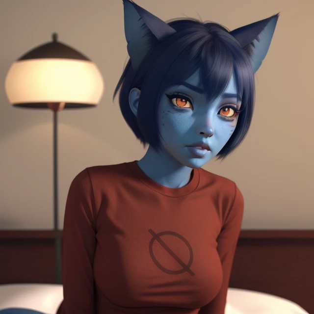 <lora:Mae Borowski:0.7> cat, with, shirt, red, cartoon, eyes, on bed, blue skin, cat girl, solo, 3d, looking at viewer, realistic, lips, depth of field