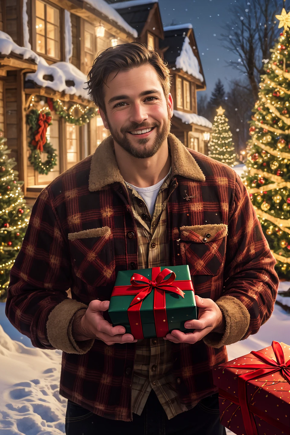 ((masterpiece, highly detailed, intricately detailed)), visually stunning, photograph, rugged man, outdoors, giving a gift, lumberjack, huge smile, holiday magic, seasonal colors, atmosphere,