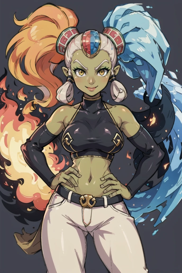(masterpiece, best quality:1.2), beautiful eyes, cowboy shot,
<lora:Twinrova_v2:0.7>, Twinrova, fire hair, ice hair, twintails, long hair, yellow eyes, green skin,
, (pink crop top:1.1), midriff, white jeans, hand on hip, contrapposto,
smug, smile, looking at viewer,