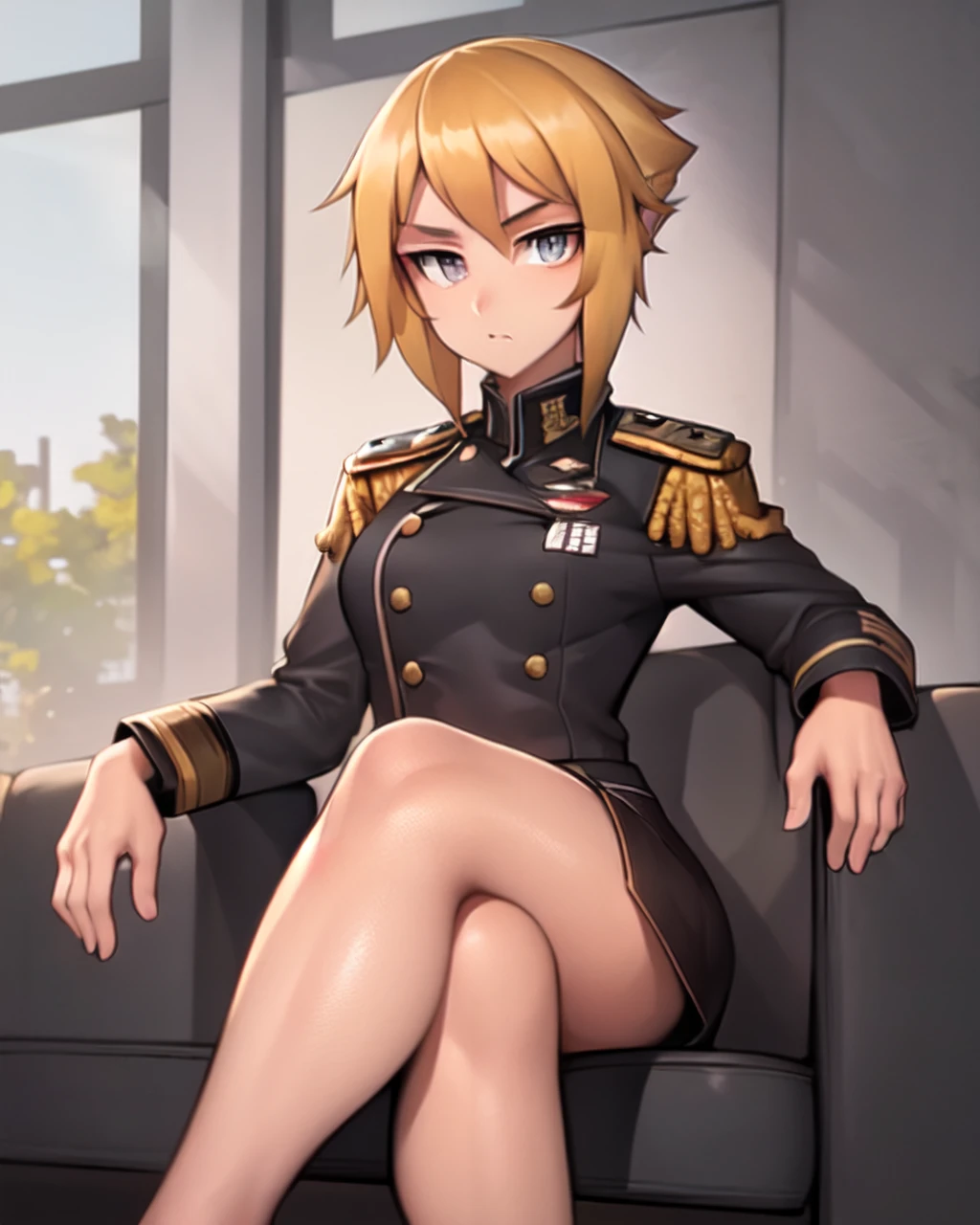 <lora:Roadi3-NAI-LyCORIS:0.9>
a girl with short blonde hair wearing dress_uniform, sitting, crossed legs