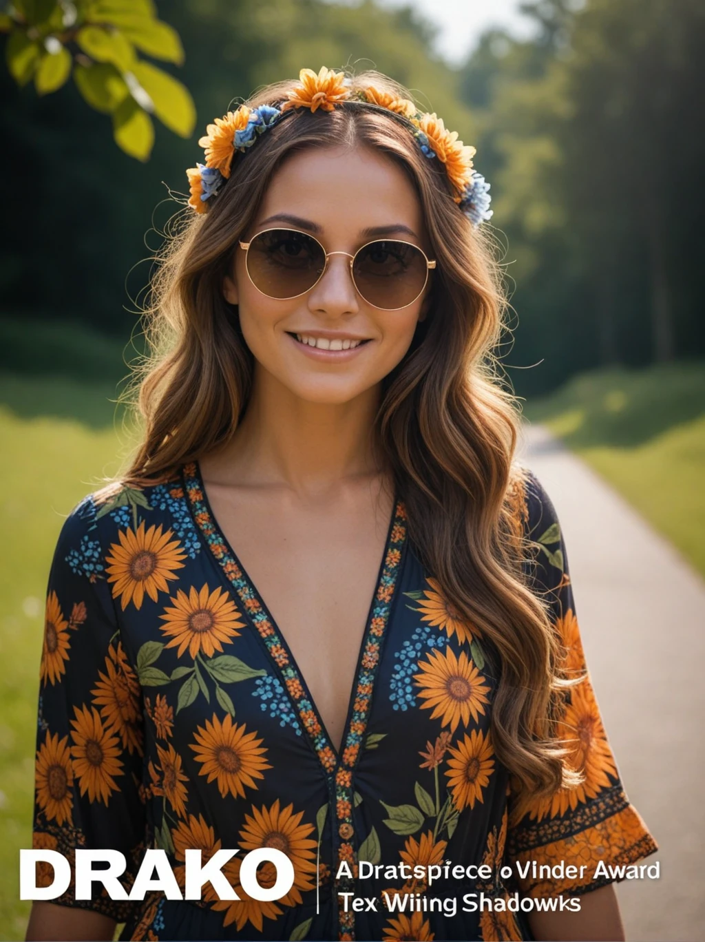 (masterpiece award winning) RAW analog photo (70s) hippie woman wear floral print dress (intricate details:1.1) Fujifilm XT3 (film grain) smiling sunglasses (soft natural lighting) (best quality) (dark shadows) (bokeh) (dof:1.2) (sharp focus:1.3) (detailed skin:1.2) (8k) (uhd) (hdr) (dslr) (absurdres)