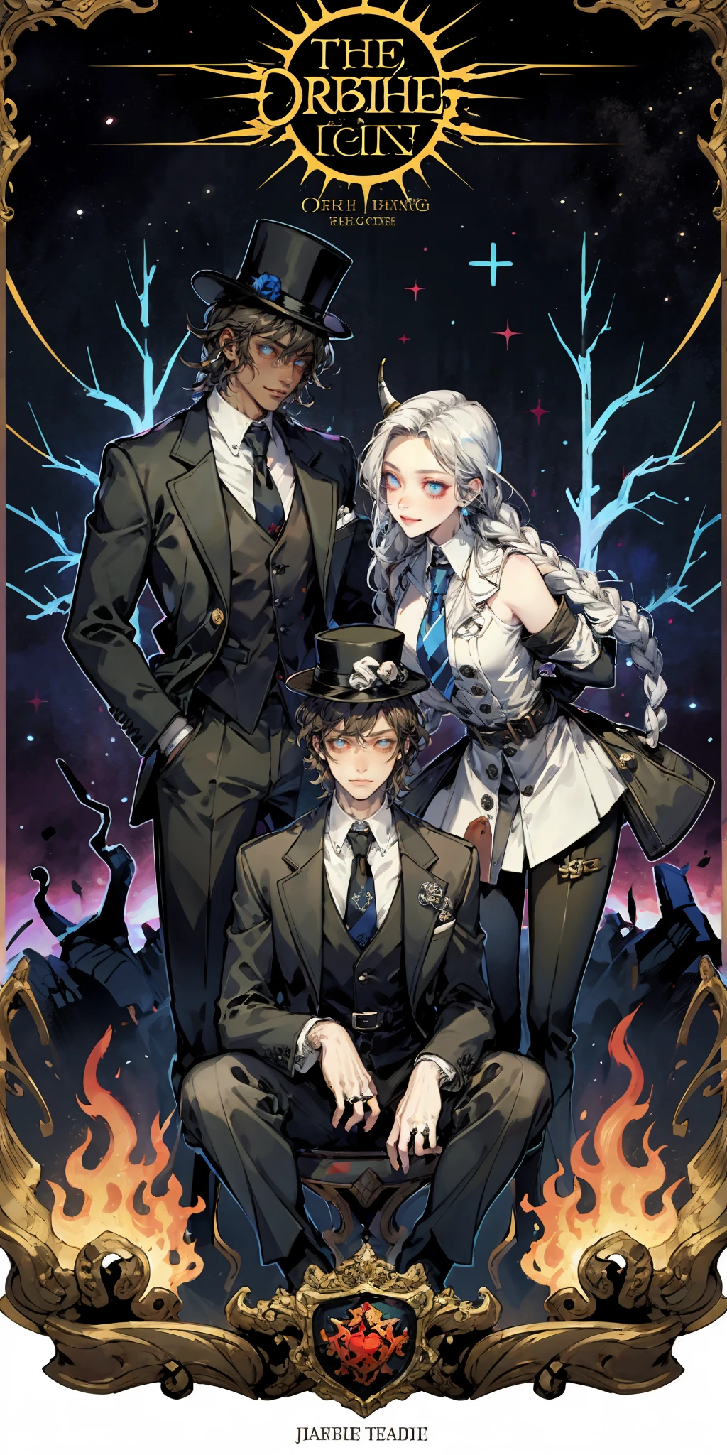 HEZI,Card design,weapon,hat,gun,1boy,2girls,multiple girls,black hair,claws,doll joints,dress,doll,jewelry,blue eyes,ring,smile,1girl,copyright name,top hat,holding,holding hands,english text,striped,short hair,handgun,skirt,joints,claw \(weapon\),button eyes,revolver,bow,looking at another,gloves,HEZI,the fifth personality,1girl,dreadlocks,mask,hat,multiple boys,tree,jinx \(league of legends\),gloves,night,top hat,red eyes,candle,braid,bare tree,shirt,pants,2boys,long hair,jacket,holding,necktie,black jacket,weapon,glowing,fingerless gloves,red necktie,looking at another,sitting,black pants,horns,sword,dark skin,outdoors,long sleeves,collared shirt,short hair,black headwear,white shirt,belt,twin braids,jewelry,animal,vest,glowing eyes,fire,bare shoulders,table,button eyes,bangs,formal,grey hair,striped pants,black gloves,suit,red shirt,night sky,1boy,blue eyes,goggles,black hair,standing,dark-skinned male,leaning forward,colored skin,grass,official alternate costume,smile,brown hair,white hair,brown gloves,hands on hips,colored sclera,blue hair,lying,<lora:å¡çèºæ¯2-000010:0.65>,
