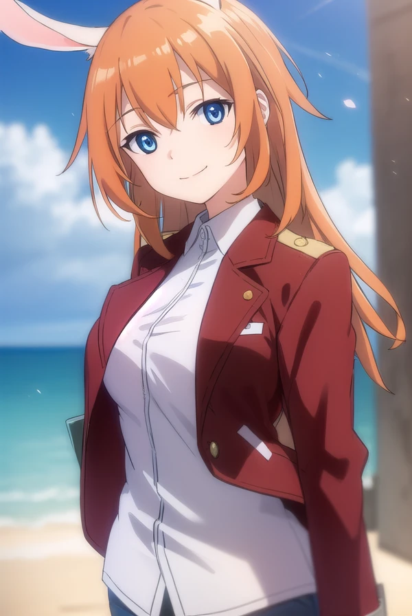 charlotteyeager, <lora:charlotte yeager anime-lora-nochekaiser:1>,
charlotte yeager, long hair, smile, blue eyes, animal ears, orange hair, rabbit ears, rabbit girl, smile,
BREAK shirt, white shirt, collared shirt, jacket, (red jacket:1.5), long sleeves,
BREAK outdoors, ship, ocean, sun, sky, clouds,
BREAK looking at viewer, (cowboy shot:1.5),
BREAK <lyco:GoodHands-beta2:1>, (masterpiece:1.2), best quality, high resolution, unity 8k wallpaper, (illustration:0.8), (beautiful detailed eyes:1.6), extremely detailed face, perfect lighting, extremely detailed CG, (perfect hands, perfect anatomy),
