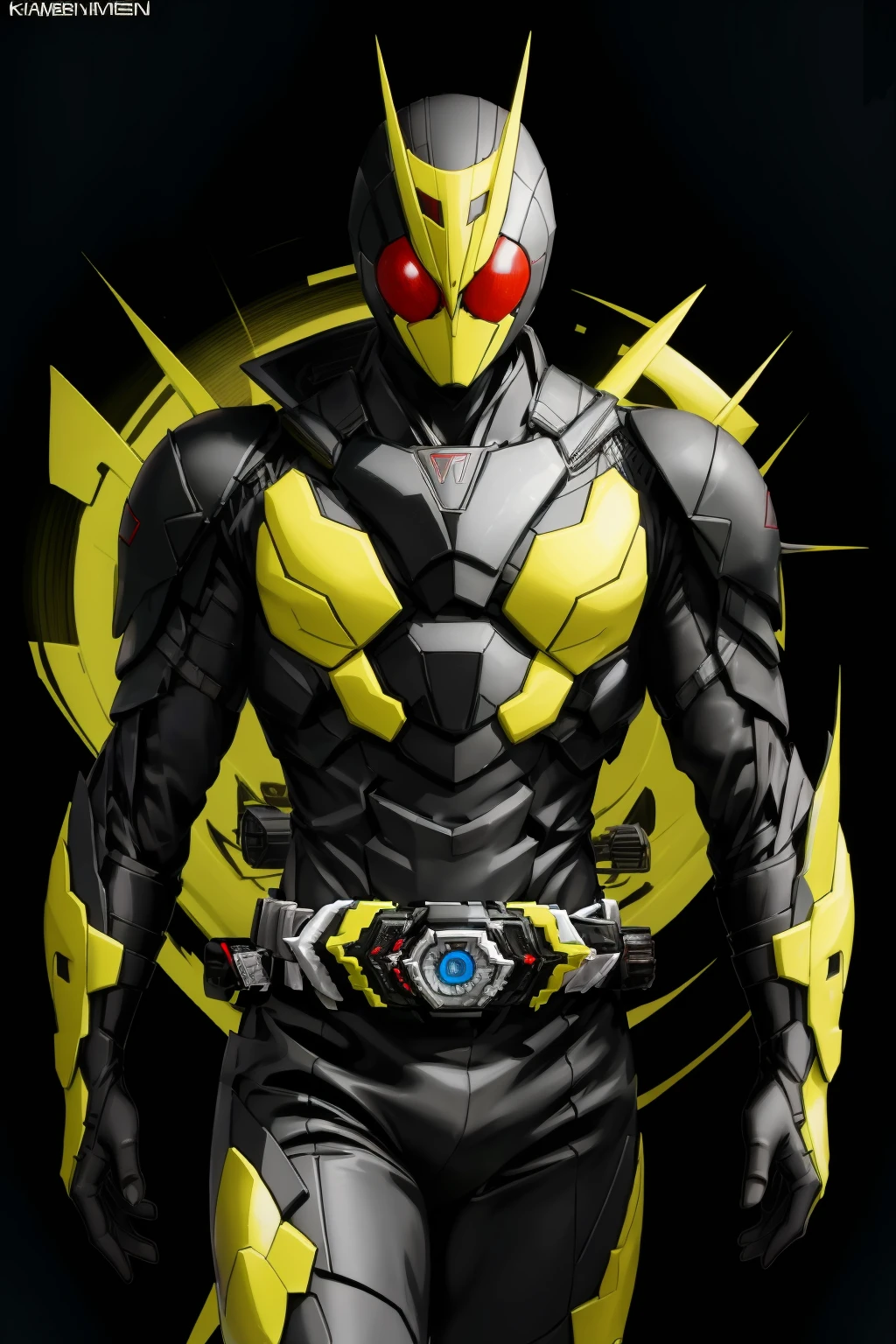 ((best quality)), absurdres, ((ultra high res)), kamen rider zero one, a man in a yellow and black suit, extremely detailed, realistic, 8k, masterpiece, <lora:rider-20:0.7>
