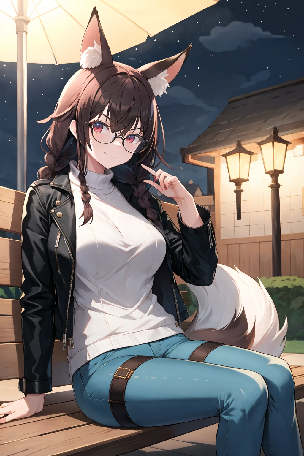 1girl, solo, sidelocks, twinbraids, black hair, red eyes, smug, smirk, glasses, sitting, bench, partk, at night, long hair, white sweater, leather jacket, black jacket, fox girl, fox ears, fox tail, jeans, black tail,thigh strap, skindentation <lora:Bropmlk-style-v2_200414:1.0>