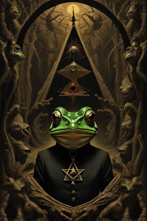 surreal world, illuminati, satanic horror, portrait frog, style,  bizzare box