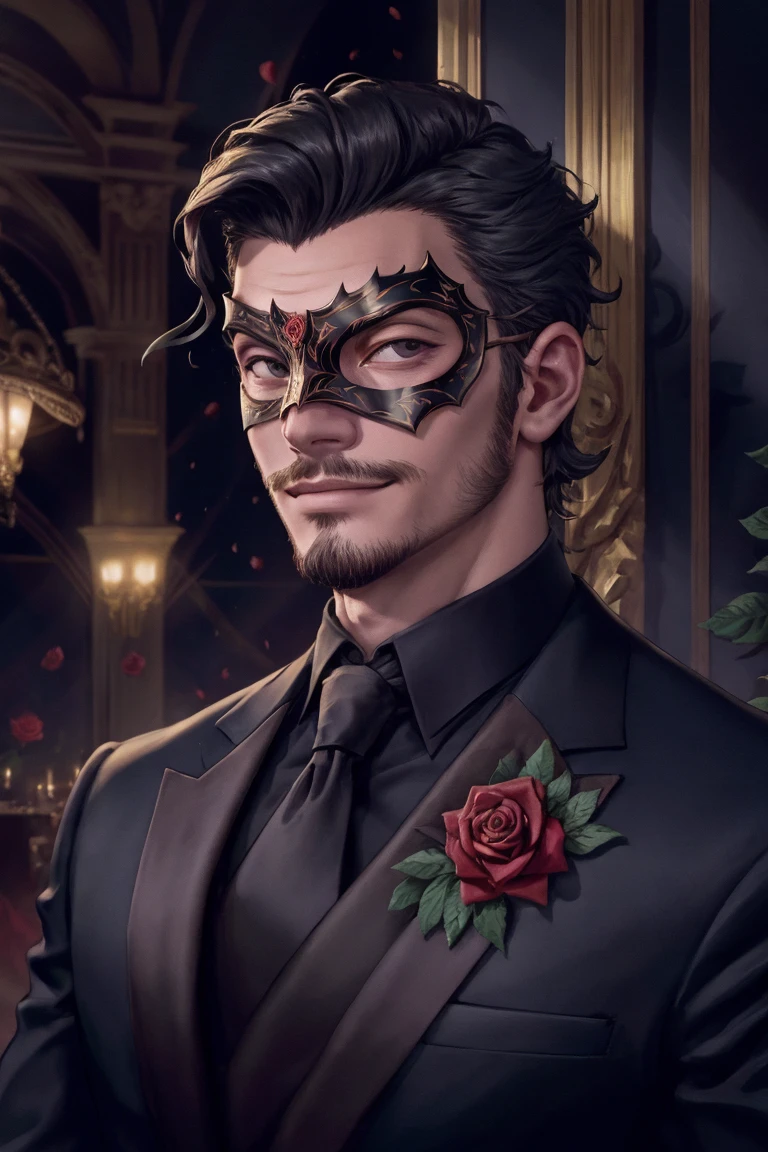 face portrait of a masked man in a fancy ballroom wearing a steel (masquerade:1.3) mask and an expensive tailored suit, handsome, rugged, close up, detailed eyes, wavy black short hair swept back neatly, smirking, manly, square jawline, goatee stubble, rose, evening, subsurface scattering, dramatic angle, cinematic lighting