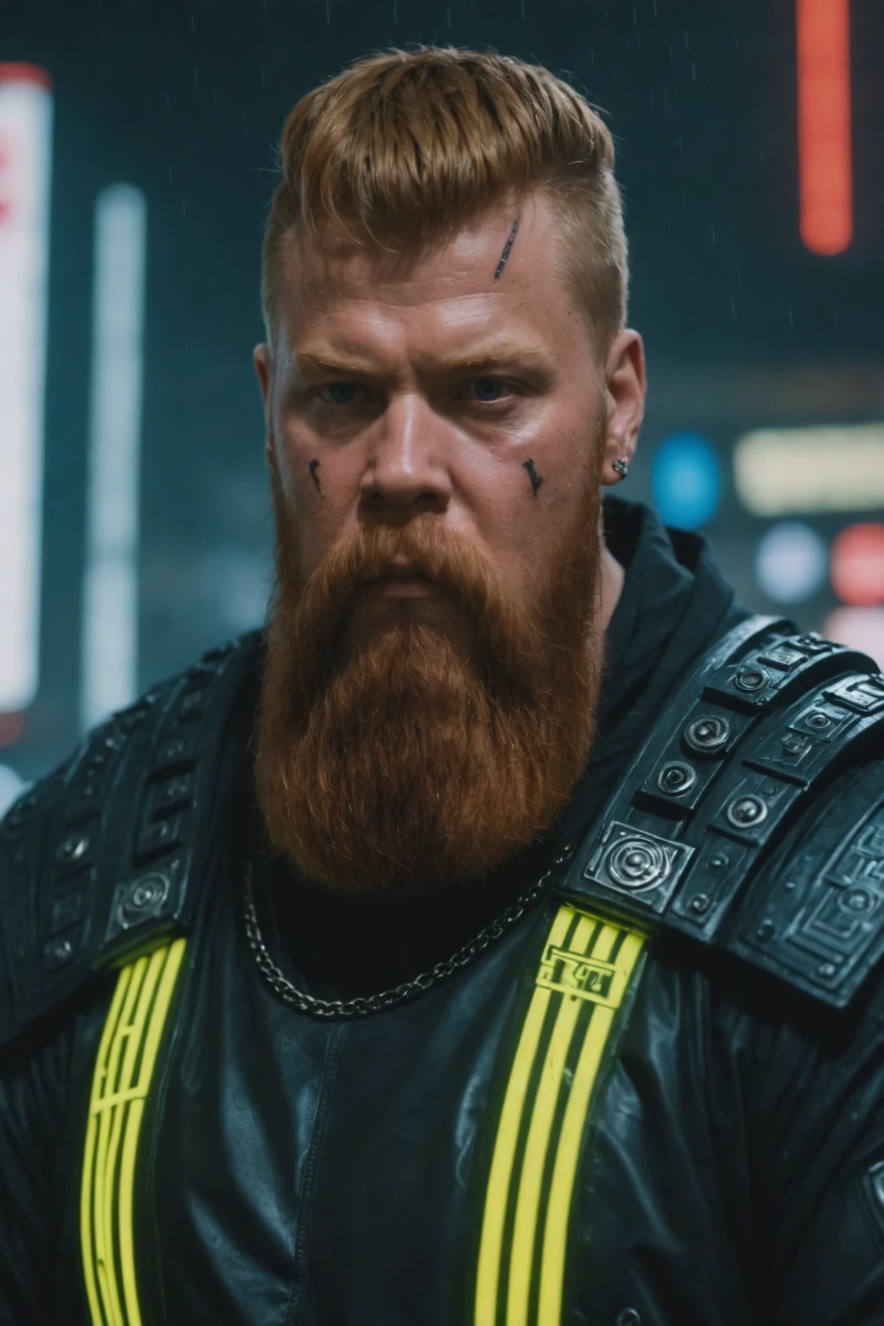 breathtaking photo of gvasa (gvasa:1.4) dressed as a cyberpunk, urban neon tokyo background at night, long beard and pageboy hair