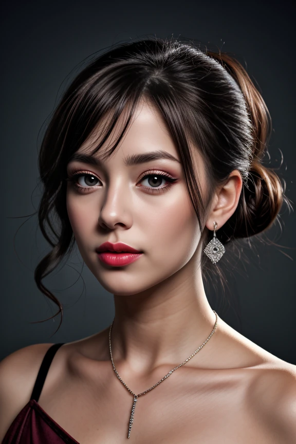 (masterpiece:1.21), (bestquality:1.21), 8k, high detailed, ultra-detailed, depth of field, wide angle, 1girl, beautiful face, Graceful Hands, Real Skin Texture, solo, looking at viewer, clean background trending, (portrait photo of a gray backdrop), black eyes, beautiful detailed eyes, random_color_lipstick, eyeliner, eyelashes, random_color_nail_polish, earrings, necklace, Medium brown Hair, low ponytail, Happy, cinematic lighting, <lora:Detail Slider V2 By Stable :0.5> <lora:NOISEOFFSET_V2_BY_STABLE_YOGI:0.5>