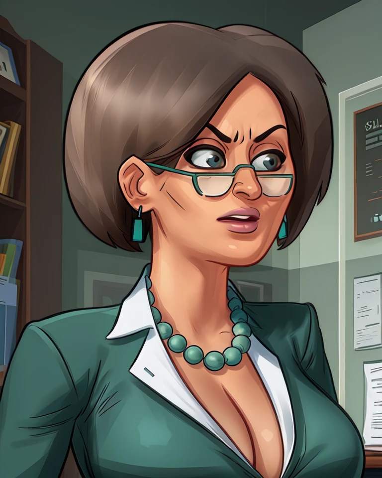 Smith,grey hair,black eyes,or brown eyes,
pearl necklace,earrings,green skirt suit,cleavage,glasses,
upper body,standing,serious,
principle office,indoors,
(insanely detailed, beautiful detailed face, masterpiece, beautiful detailed eyes, best quality),<lora:Smith:0.8>,