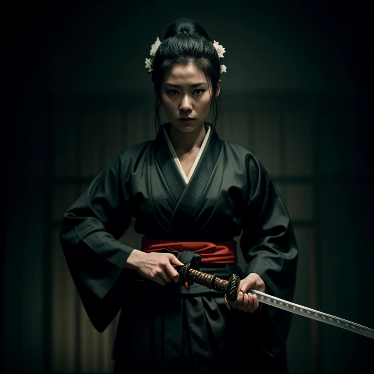 Horror-themed, <lora:samurai style SD1.5:1.2>
an epic cinematic photo of a woman in a kimono holding a samurai sword female samurai style, Eerie, unsettling, dark, spooky, suspenseful, grim, highly detailed