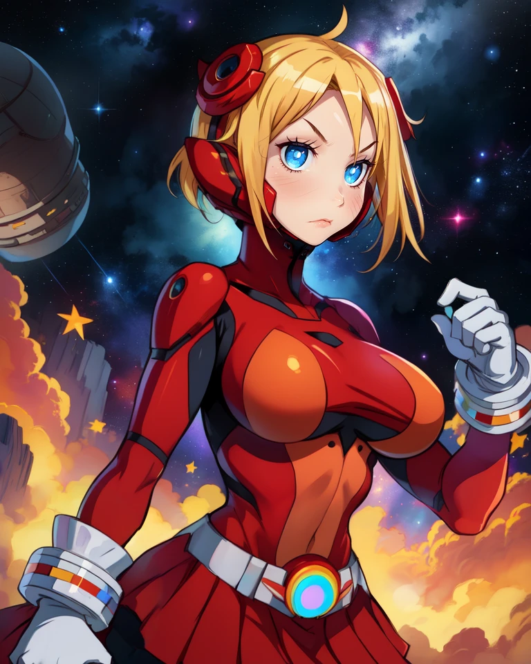 Piyori , short blonde hair,blue eyes , solo upper body, large breasts, covered nipples, shocked expression, blush
Nijino,red bodysuit ,skin tight, white gloves, hair ornament, small skirt, red boots, ripped clothes,
outer space, stars, colorful explosions in background,
(insanely detailed, beautiful detailed face, masterpiece, best quality) <lora:PiyoriNijino:0.8> <lora:exploding_clothes:0.7 >