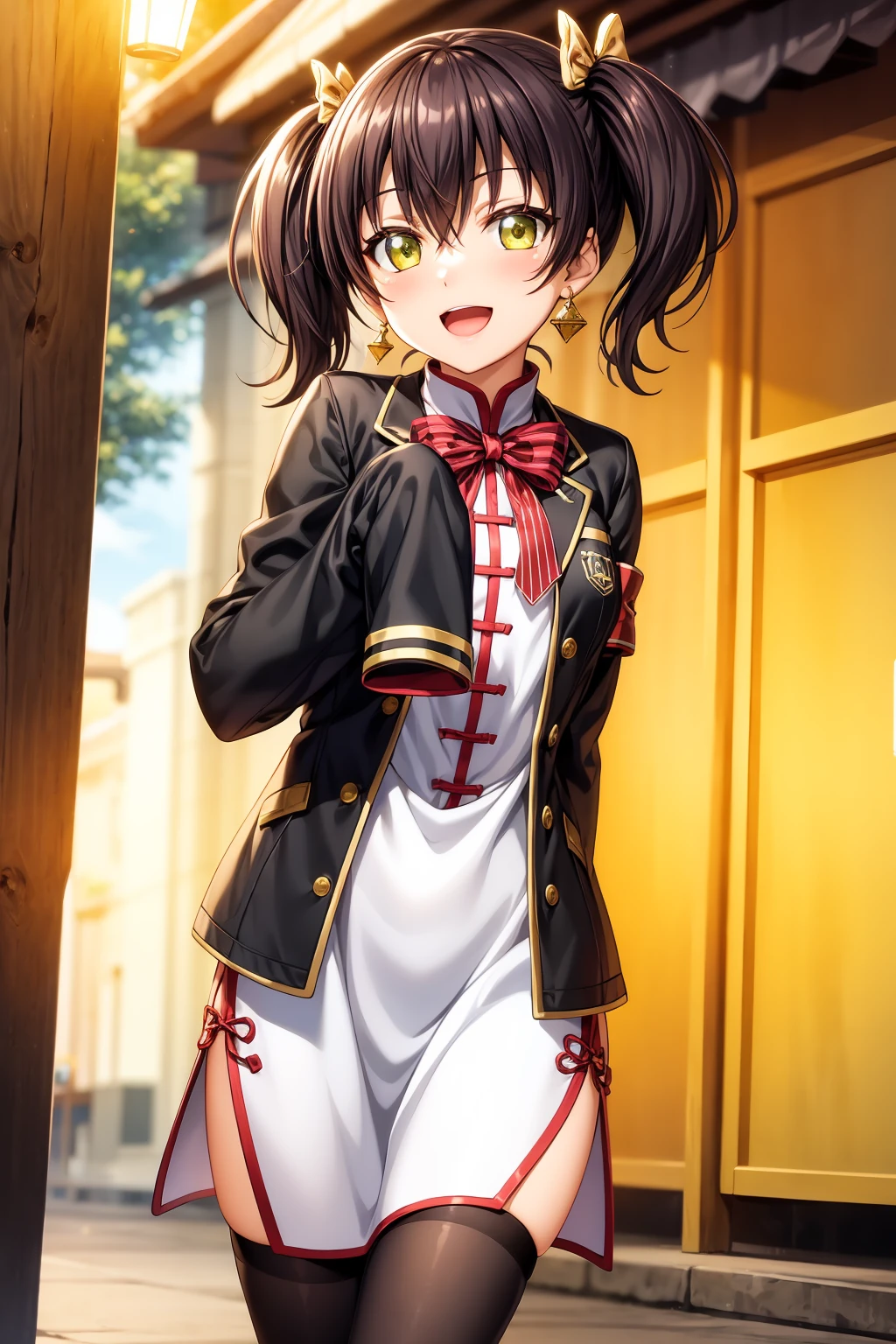 looking at viewer, smile, best quality, 1girl, solo, looking at viewer, blush, smile, open mouth, bangs, black hair, thighhighs, long sleeves, dress, bow, hair between eyes, twintails, jewelry, jacket, yellow eyes, :d, hair bow, earrings, open clothes, striped, black thighhighs, wide sleeves, bowtie, white dress, red bow, open jacket, black jacket, sleeves past wrists, chinese clothes, outdoor background, china dress, pelvic curtain, sleeves past fingers, striped bow, kochou_wang, (RAW photo, best quality), masterpiece, an extremely delicate and beautiful, extremely detailed, 2k wallpaper, Amazing, finely detail, extremely detailed CG unity 8k wallpaper, ultra-detailed, highres, soft light, beautiful detailed girl, extremely detailed eyes and face, beautiful detailed nose, beautiful detailed eyes, cinematic lighting, perfect anatomy, beautiful body, light smile