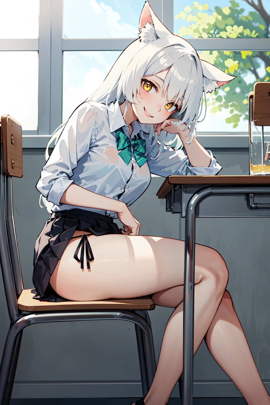 masterpiece, best quality, chair, table, classroom, from side, 1girl, looking at viewer, head rest, head tilt, smile, sitting, long hair, white hair, yellow eyes, animal ears, medium breasts, white collared shirt, bowtie, tucked shirt, pleaded skirt, panties, pantpeek, bare legs, thick thighs, <lora:panties_peek:0.7>