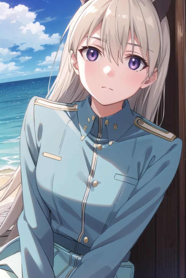 eilailmatarjuutilainen, <lora:eila ilmatar juutilainen anime-lora-nochekaiser:1>,
eila ilmatar juutilainen, long hair, (purple eyes:1.1), blonde hair, animal ears, fox ears, fox girl,
BREAK uniform, military, military uniform,
BREAK outdoors, ship, ocean, sun, sky, clouds,
BREAK looking at viewer, (cowboy shot:1.5),
BREAK <lyco:GoodHands-beta2:1>, (masterpiece:1.2), best quality, high resolution, unity 8k wallpaper, (illustration:0.8), (beautiful detailed eyes:1.6), extremely detailed face, perfect lighting, extremely detailed CG, (perfect hands, perfect anatomy),