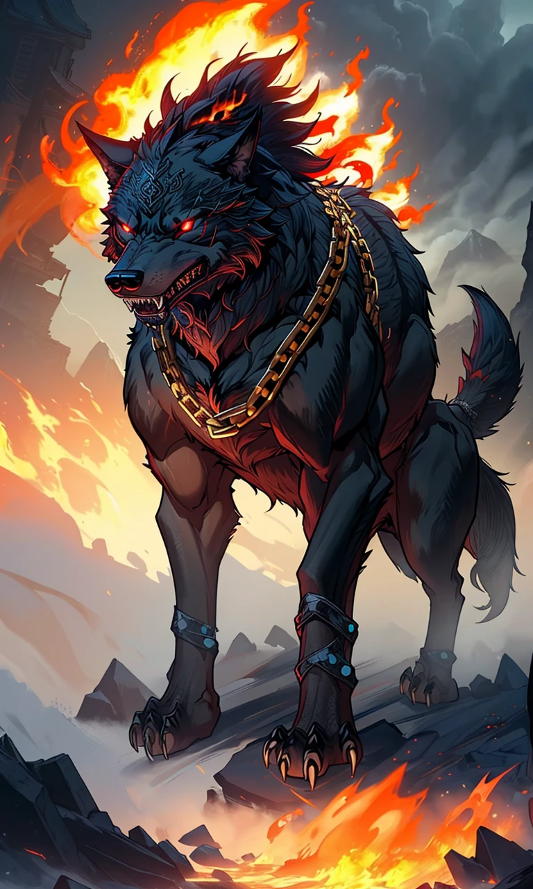 fenrir2023, 1 giant wolf, smoke, fog, flames, Ragnarok, gold chains, glowing eyes, sharp teeth, fantasy setting, 8k, uhd, masterpiece, detailed, chained, trending on artstation, 4 legs, Vikings, pixar style