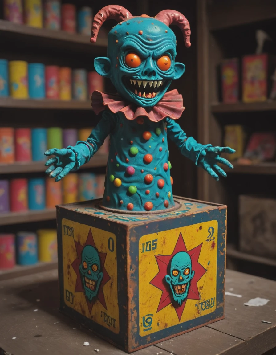 lovecraftian horror A vintage jackinthebox toy, its paint chipped and rusty from years of neglect, sits on a dusty shelf in an abandoned toy store, high contrast, vibrant colors, . eldritch, cosmic horror, unknown, mysterious, surreal, highly detailed,  <lora:Jack-In-The-BoxXl:1>