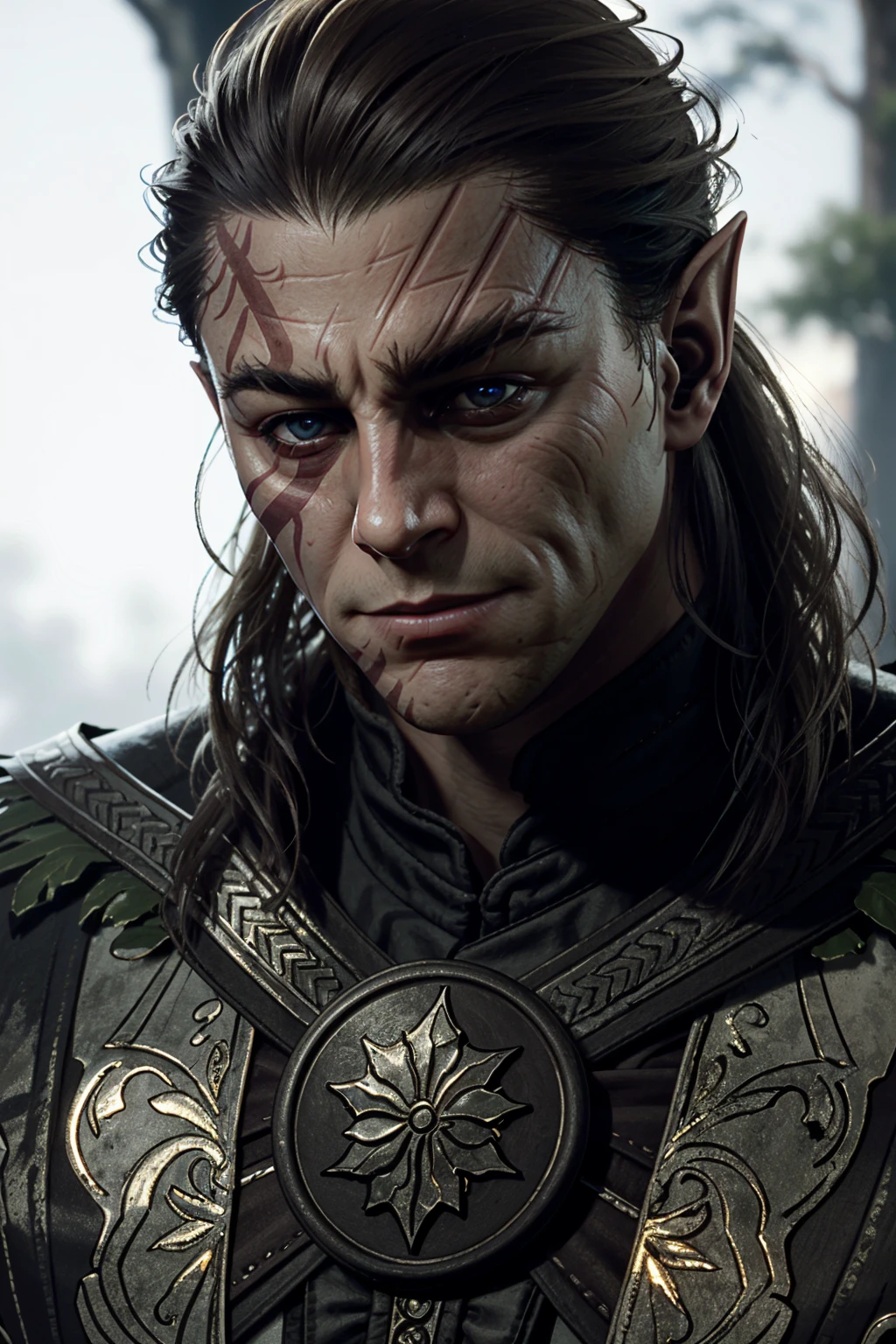 (8K, high definition, high quality, highly detailed) Handsome elf daddy. square jaw hunter eyes. squinted eyes. black hair. extreme brow arc. pale skin. headshot. wearing middle-earth tunic. looking away from the camera. dramatic lighting.