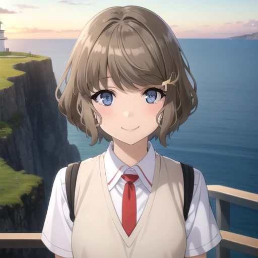 ((masterpiece)),(best quality),official art,extremely detailed CG,unity 8k wallpaper,ultra detailed,A lighthouse on a cliff by the sea,1girl,solo,upper body,(portrait:1.2),grey_skirt,short_hair,sweater_vest,school_uniform,white_socks,white_shirt,brown_hair,pleated_skirt,short_sleeves,hair_ornament,looking_at_viewer,smile,hairclip,blush,bangs,grey_eyes,blue_eyes,red_necktie,<lora:Koga Tomoe(sby)>,