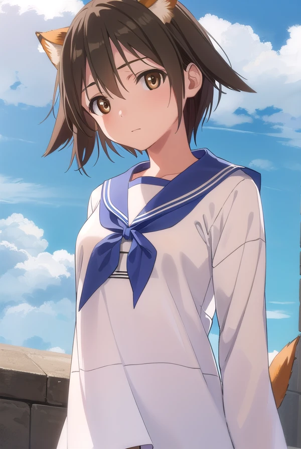 yoshikamiyafuji, <lora:yoshika miyafuji anime-lora-nochekaiser:1>,
yoshika miyafuji, short hair, brown hair, animal ears, (brown eyes:1.5), dog ears, dog tail, dog girl,
BREAK school uniform, serafuku, shirt, white shirt, long sleeves, blue sailor collar, neckerchief, blue neckerchief,
BREAK outdoors, ship, ocean, sun, sky, clouds,
BREAK looking at viewer, (cowboy shot:1.5),
BREAK <lyco:GoodHands-beta2:1>, (masterpiece:1.2), best quality, high resolution, unity 8k wallpaper, (illustration:0.8), (beautiful detailed eyes:1.6), extremely detailed face, perfect lighting, extremely detailed CG, (perfect hands, perfect anatomy),