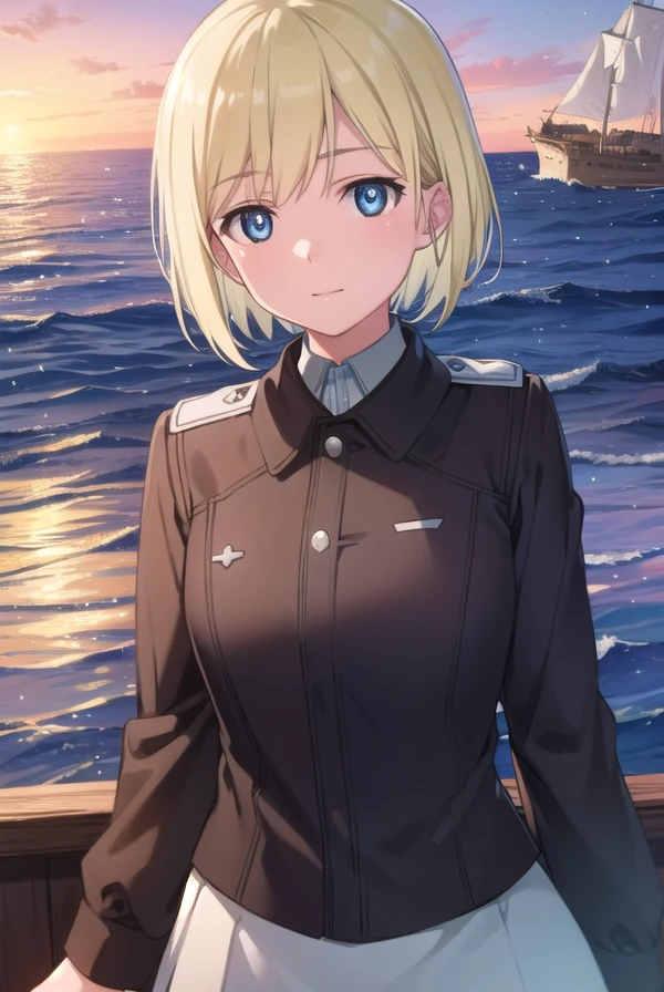 ericahartmann, <lora:erica hartmann anime-lora-nochekaiser:1>,
erica hartmann, short hair, blue eyes, blonde hair, bob cut,
BREAK uniform, military, military uniform,
BREAK outdoors, ship, ocean, sun, sky, clouds,
BREAK looking at viewer, (cowboy shot:1.5),
BREAK <lyco:GoodHands-beta2:1>, (masterpiece:1.2), best quality, high resolution, unity 8k wallpaper, (illustration:0.8), (beautiful detailed eyes:1.6), extremely detailed face, perfect lighting, extremely detailed CG, (perfect hands, perfect anatomy),
