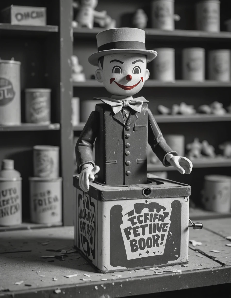 film noir style A vintage jackinthebox toy, its paint chipped and rusty from years of neglect, sits on a dusty shelf in an abandoned toy store, high contrast, vibrant colors, . monochrome, high contrast, dramatic shadows, 1940s style, mysterious, cinematic,