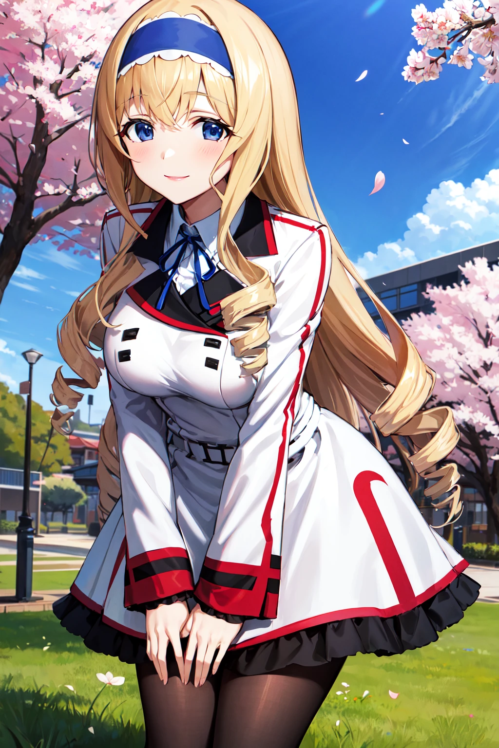masterpiece, best quality, highres, aacecilia, very long hair, curly hair, drill hair, blue hairband, school uniform, white jacket, white dress, long sleeves, belt, black pantyhose, <lora:cecilia_alcott_v1:0.7>, leaning forward, smile, cherry blossoms, outdoors, cowboy shot, hand on own knee, standing