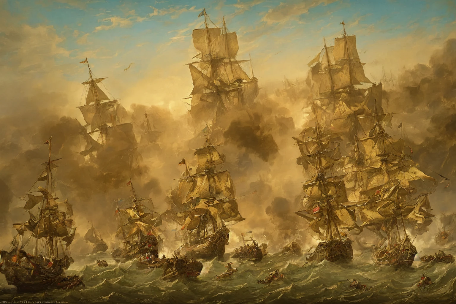 battle, fleet_action, gun smoke, duel, fog of war, lifeboats,