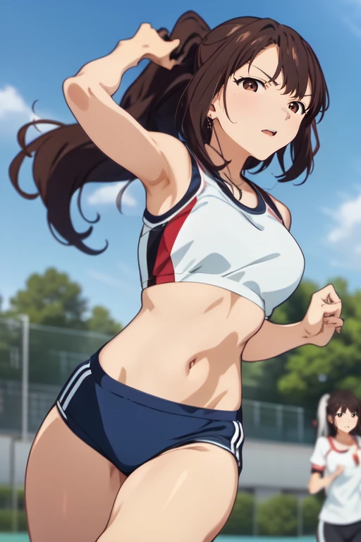 <lora:HitomiWashioR4:0.8>, HitomiWashioR4, brown eyes, brown hair, bra, sport clothes, running, masterpiece, highres, best quality
