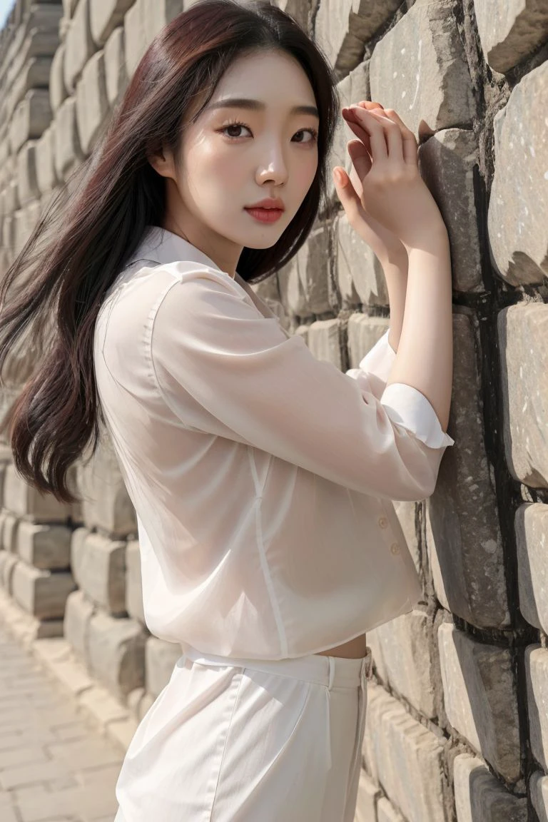 <lora:yangjeehyeon_obj20:0.6 >, full_body, standing, sandals, (shirt), pants, (great wall of china), (yangjeehyeon: 1.2), perfect face, (contact iris: 1.1), pale skin, skin pores , depth of field