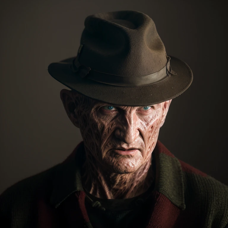 cinematic film still of <lora:freddy krueger 1984 SD1.5:1.2>
Freddy Krueger a close up of a person wearing a hat and a striped shirt from A Nightmare on Elm Street movie, shallow depth of field, vignette, highly detailed, high budget, bokeh, cinemascope, moody, epic, gorgeous, film grain, grainy