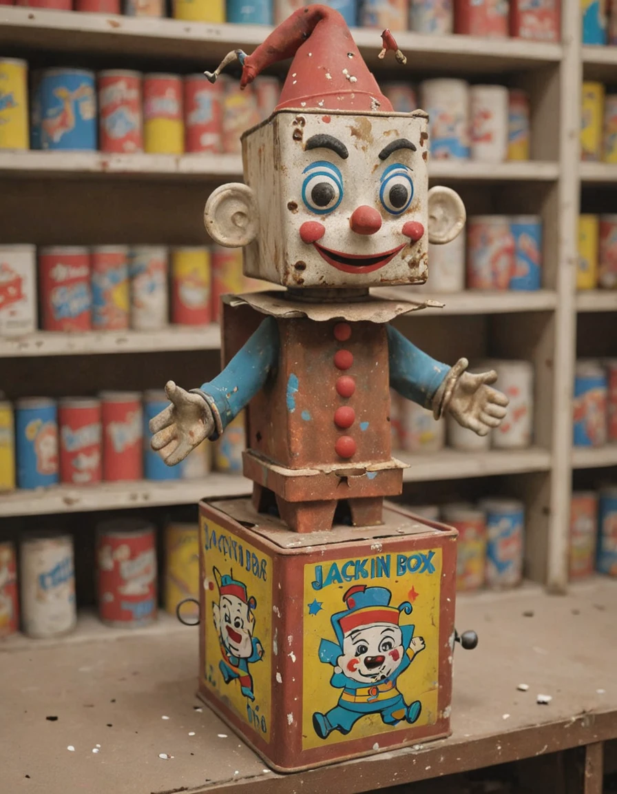 A vintage jackinthebox toy, its paint chipped and rusty from years of neglect, sits on a dusty shelf in an abandoned toy store,  <lora:Jack-In-The-BoxXl:1>