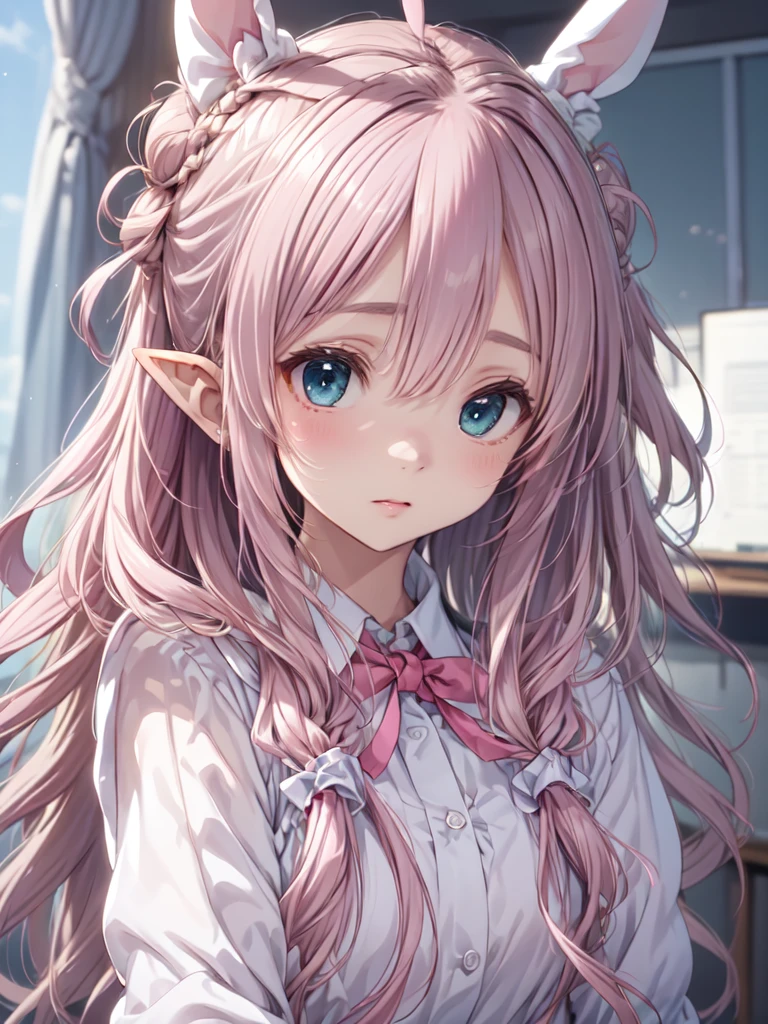 ygirl,(detailed indoor), <lora:yuzurihagirl:0.6> ichiban iiewo tanomu,(highly detailed image of the cute girl in room),vibrant,petite girl,(pink ultra long wavy hair:1.4), (timid bashful),ahoge,(pink braided bun hair with bunny ears),aqua eyes,(pointy ears),look at viewer,((school uniform))  <lora:realistic_LECO:-1.1> <lora:realistic:0.1> realistic