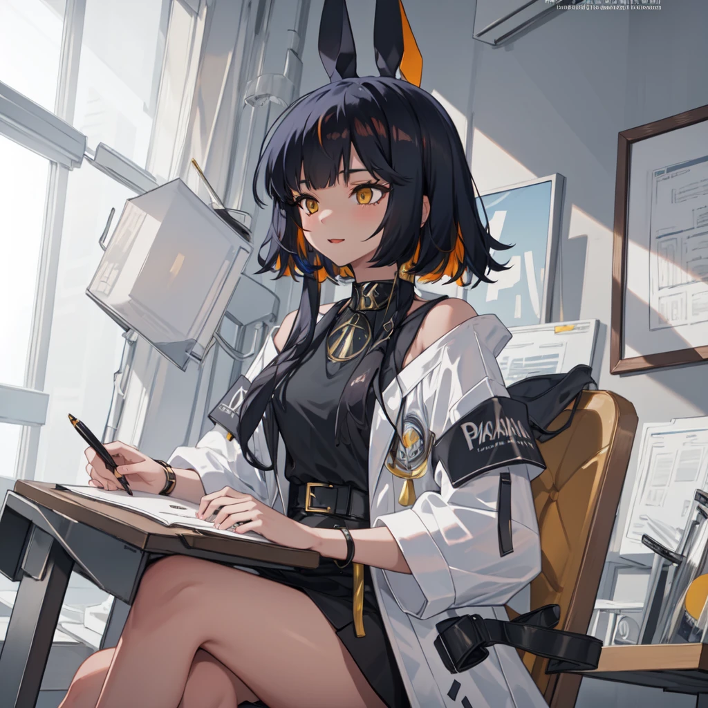 masterpiece, best quality, 1girl,white coat,black dress, office, sitting,writing,