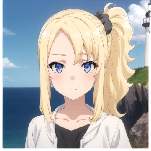 ((masterpiece)),(best quality),official art,extremely detailed CG,unity 8k wallpaper,ultra detailed,A lighthouse on a cliff by the sea,1girl,solo,upper body,(portrait:1.2),blonde_hair,hair_scrunchie,blue_eyes,scrunchie,collarbone,closed_mouth,short_shorts,side_ponytail,short_sleeves,parted_bangs,black_shirt,bangs,hair_ornament,open_clothes,white_jacket,blush,black_scrunchie,braid,long_hair,sidelocks,<lora:Toyohama Nodoka(sby)>,