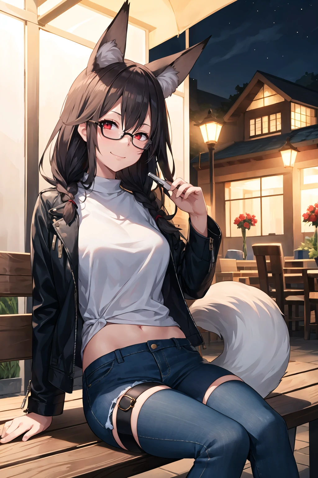 1girl, solo, sidelocks, twinbraids, black hair, red eyes, smug, smirk, glasses, sitting, bench, partk, at night, long hair, white sweater, leather jacket, black jacket, fox girl, fox ears, fox tail, jeans, black tail,thigh strap, skindentation <lora:Touwa-Nikuman-Style-v1_117360:1>
