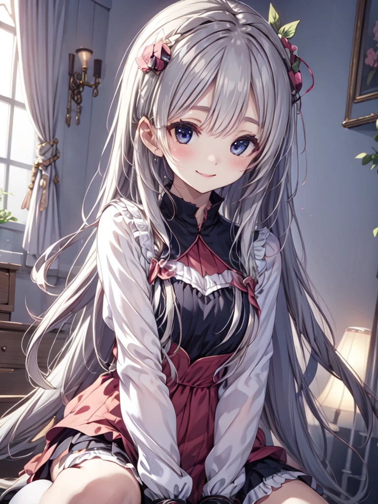 realistic, ygirl, <lora:yuzurihagirl:0.7> ichiban iiewo tanomu,highly detailed image of the sitting cute girl in room,silver long hair,light smile,vibrant,