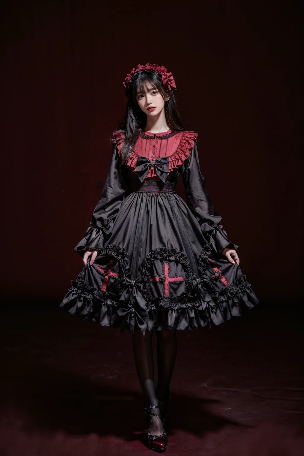 best quality, masterpiece, photorealistic, 1girl, solo, full body, long straight hair, looking at viewer, arms at side, cyb dress, frilled dress, frills, gothic, bow, long sleeves, pantyhose, black high heels, simple background, <lora:add_detail:1>, <lora:gothic_attire_style1_v1:0.7>