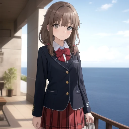 ((masterpiece)),(best quality),official art,extremely detailed CG,unity 8k wallpaper,ultra detailed,A lighthouse on a cliff by the sea,1girl,solo,cowboy shot,brown_hair,collared_shirt,school_uniform,sidelocks,looking_at_viewer,smile,low_twintails,brown_eyes,red_bow,black_jacket,white_shirt,red_skirt,red_bowtie,blazer,plaid_skirt,long_sleeves,pleated_skirt,long_hair,white socks,loafers,<lora:Azusagawa Kaede(sby)>,