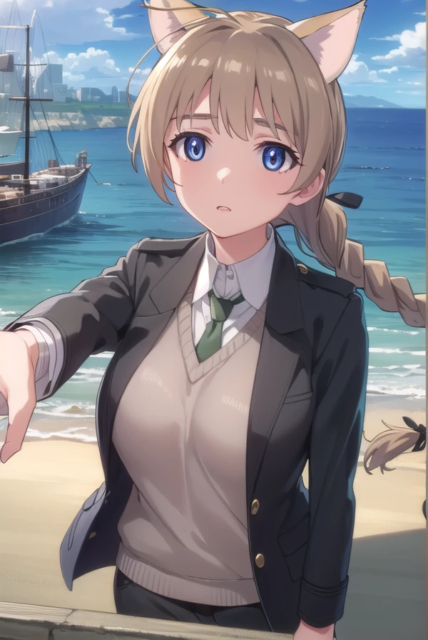 lynettebishop, <lora:lynette bishop anime-lora-nochekaiser:1>,
lynette bishop, long hair, blue eyes, brown hair, animal ears, braid, ahoge, cat ears, single braid, cat girl,
BREAK necktie, sweater vest, jacket, black jacket, long sleeves,
BREAK outdoors, ship, ocean, sun, sky, clouds,
BREAK looking at viewer, (cowboy shot:1.5),
BREAK <lyco:GoodHands-beta2:1>, (masterpiece:1.2), best quality, high resolution, unity 8k wallpaper, (illustration:0.8), (beautiful detailed eyes:1.6), extremely detailed face, perfect lighting, extremely detailed CG, (perfect hands, perfect anatomy),